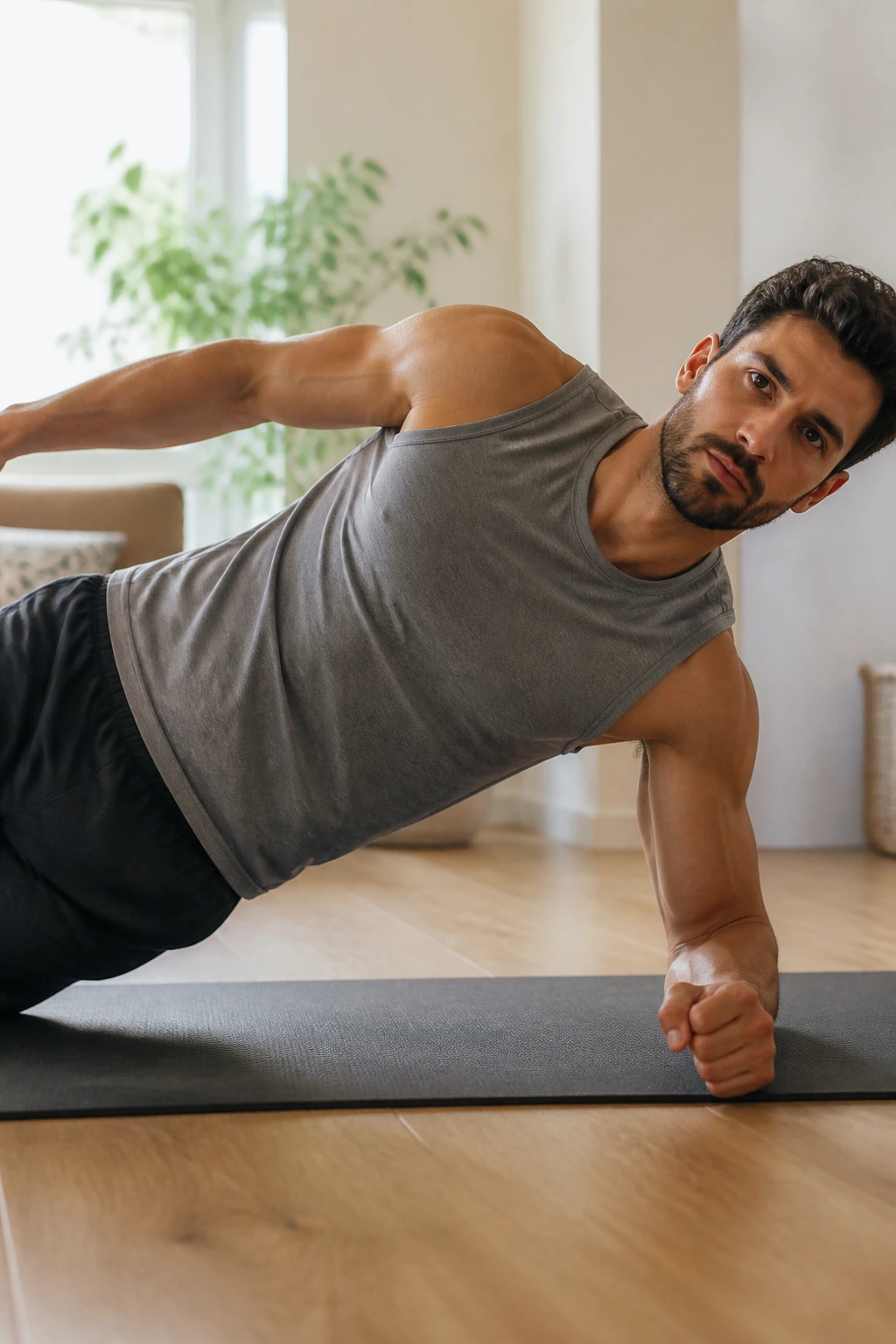 Real person in side plank highlighting obliques and hip alignment in a bright living room