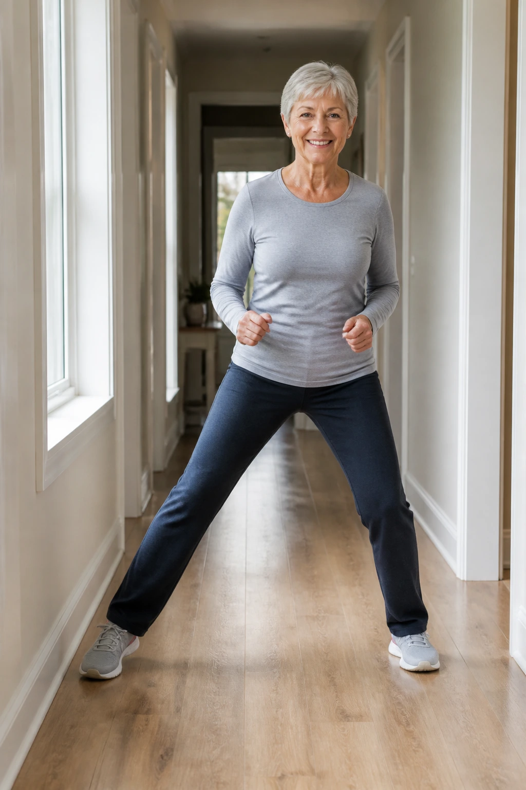 Mid-shot of a senior performing side steps in a hallway