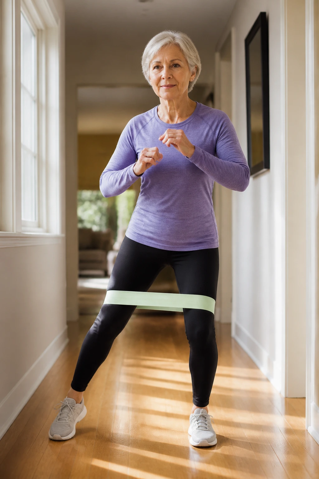 Senior woman performing side steps with a light resistance band in a sunlit hallway