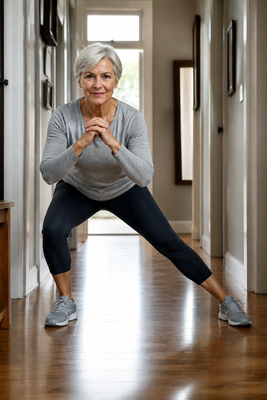Person performing side steps with a mini squat in a hallway