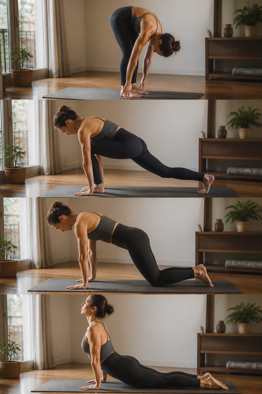 Medium-close image of a person performing quiet, low-impact yoga transitions on a mat
