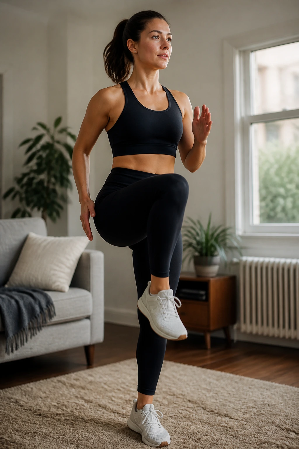 Person marching in place in a quiet apartment living room