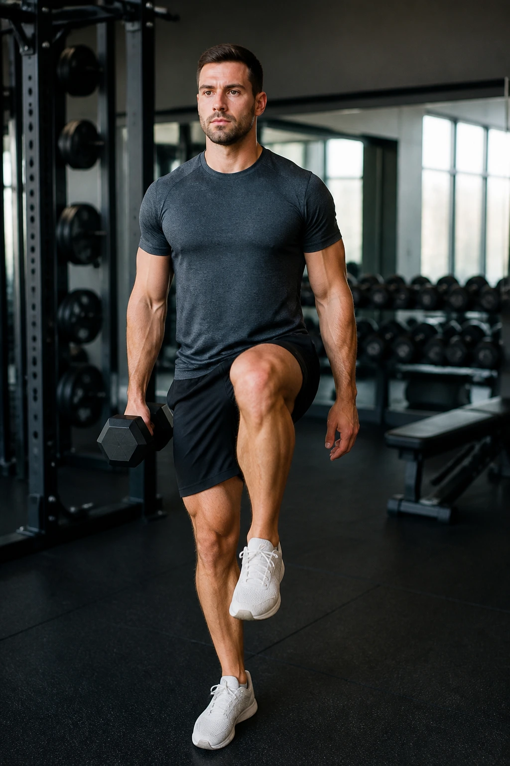 Real person performing single-arm carry with march in gym