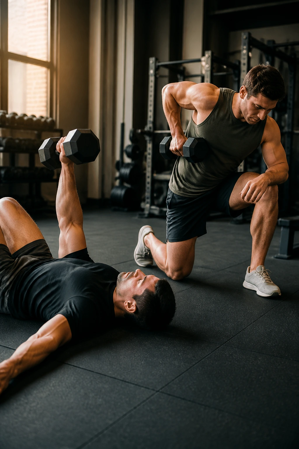Athletes performing single-arm floor press and half-kneeling row in a gym, focusing on chest and back