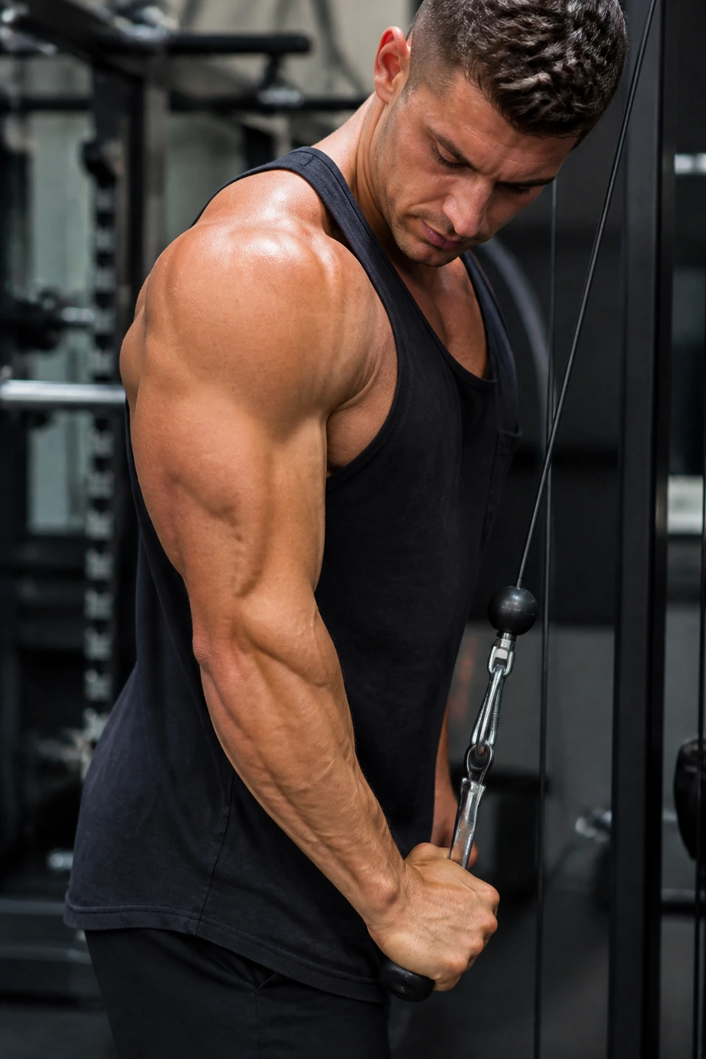 Arm performing single-arm cable pushdown in a gym