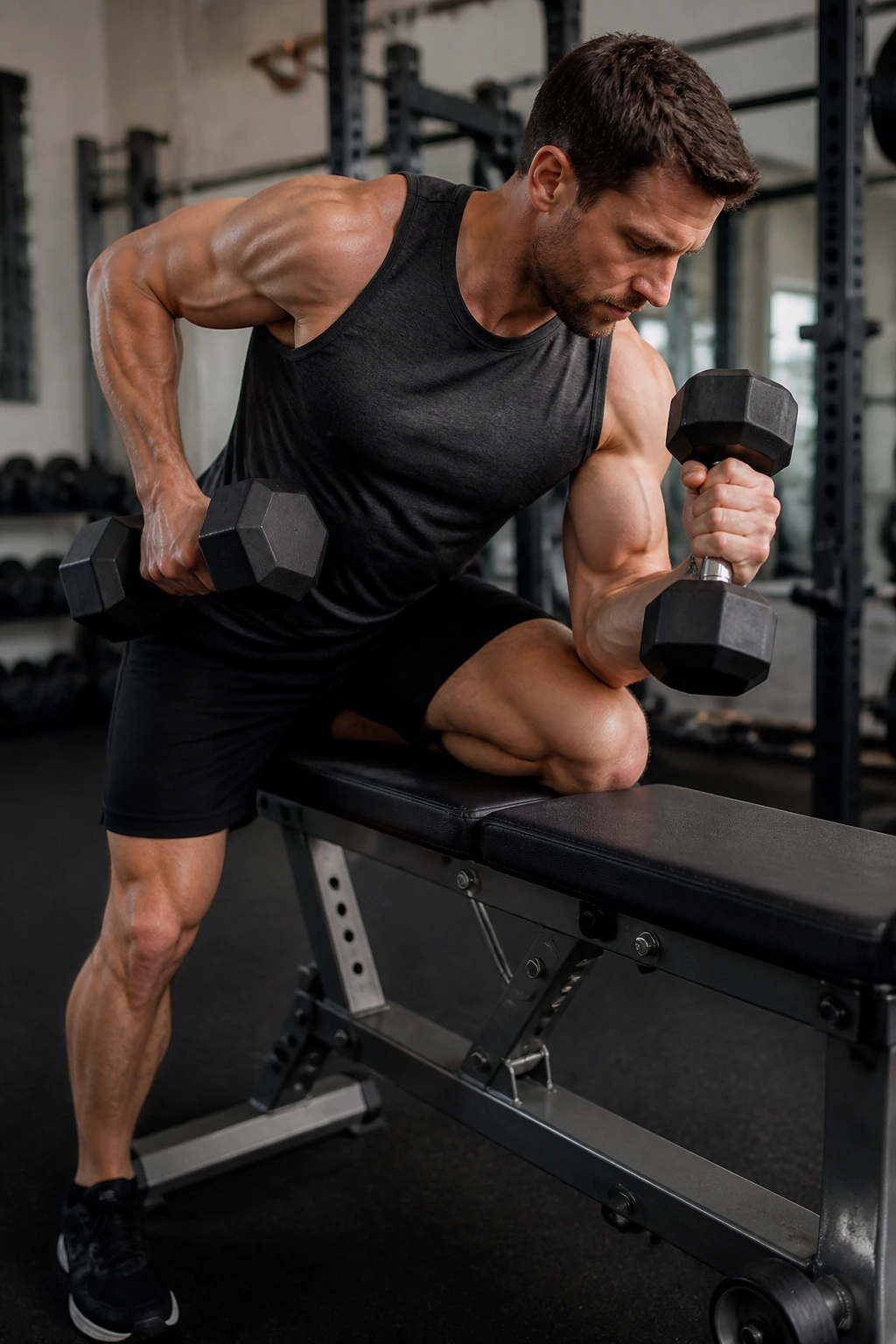 Athlete at gym bench performing single-arm row and hammer curl