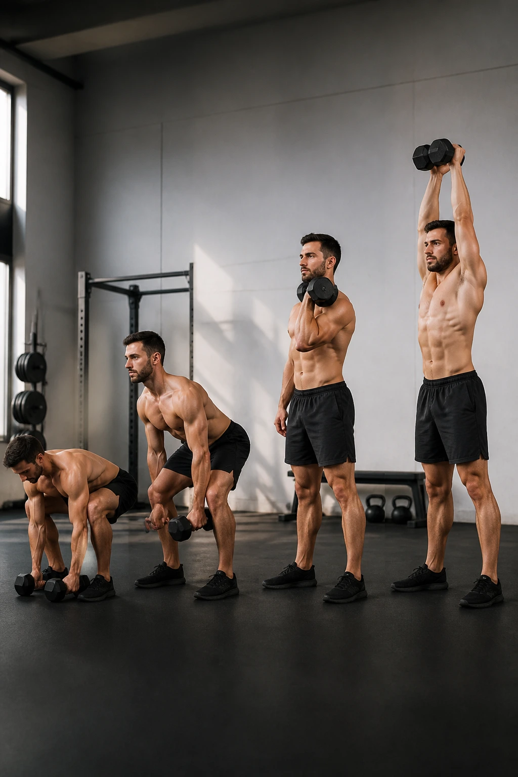 Full-body shot of a person performing a one-dumbbell complex in a gym