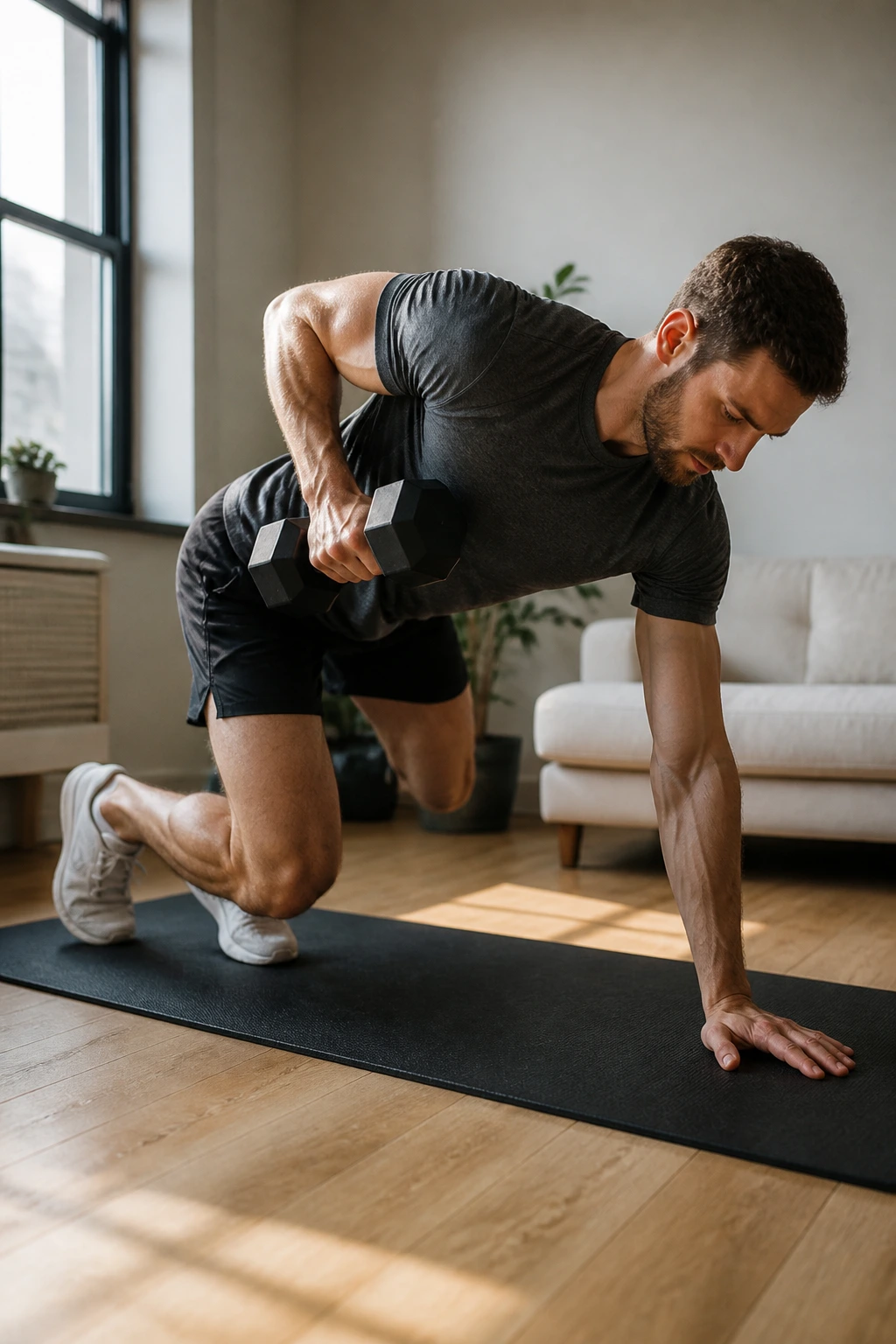Person performing single-arm dumbbell row in apartment