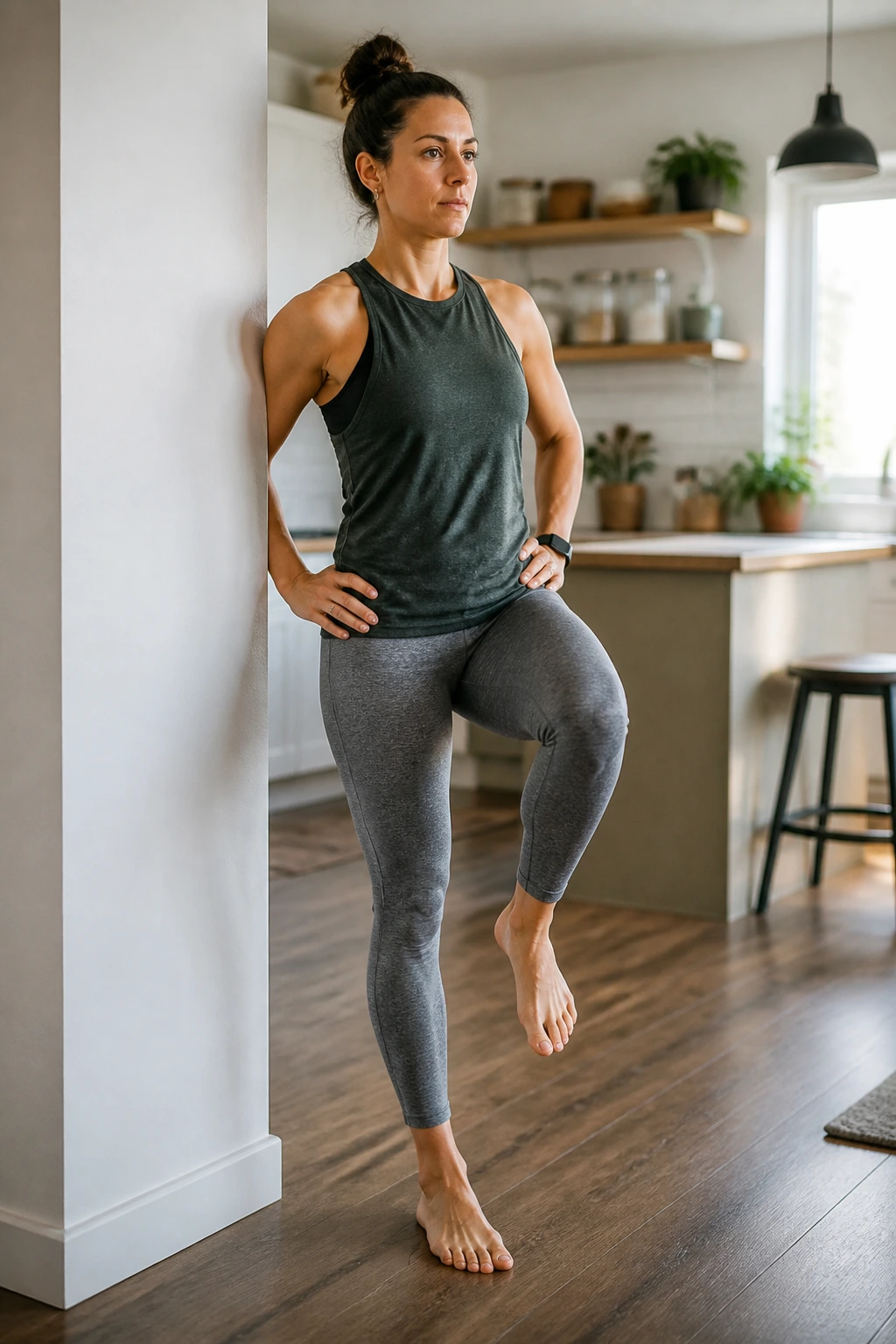 Person performing single-leg balance near wall with raised foot