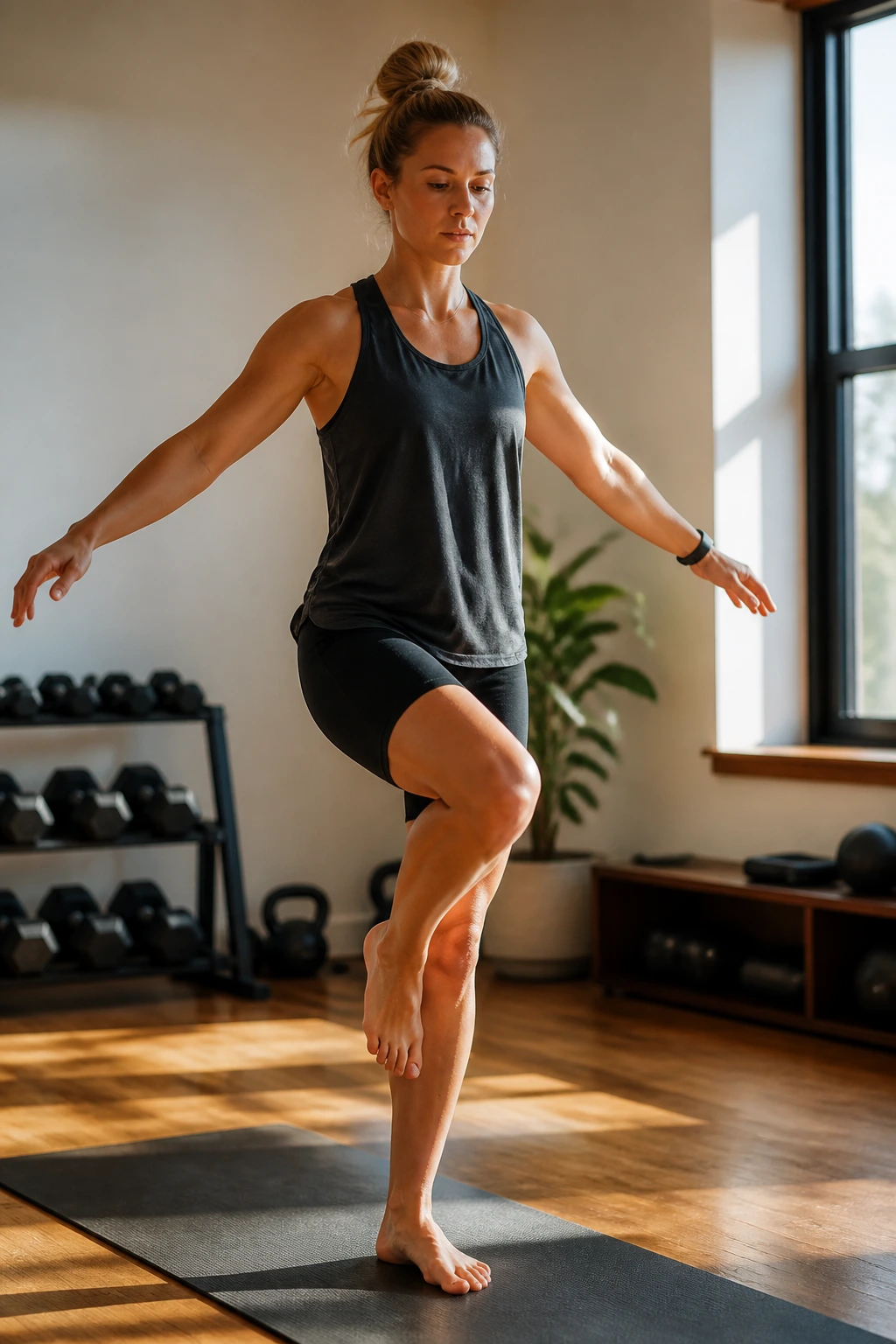 Close-up of a runner balancing on one leg on a mat in a sunlit home gym