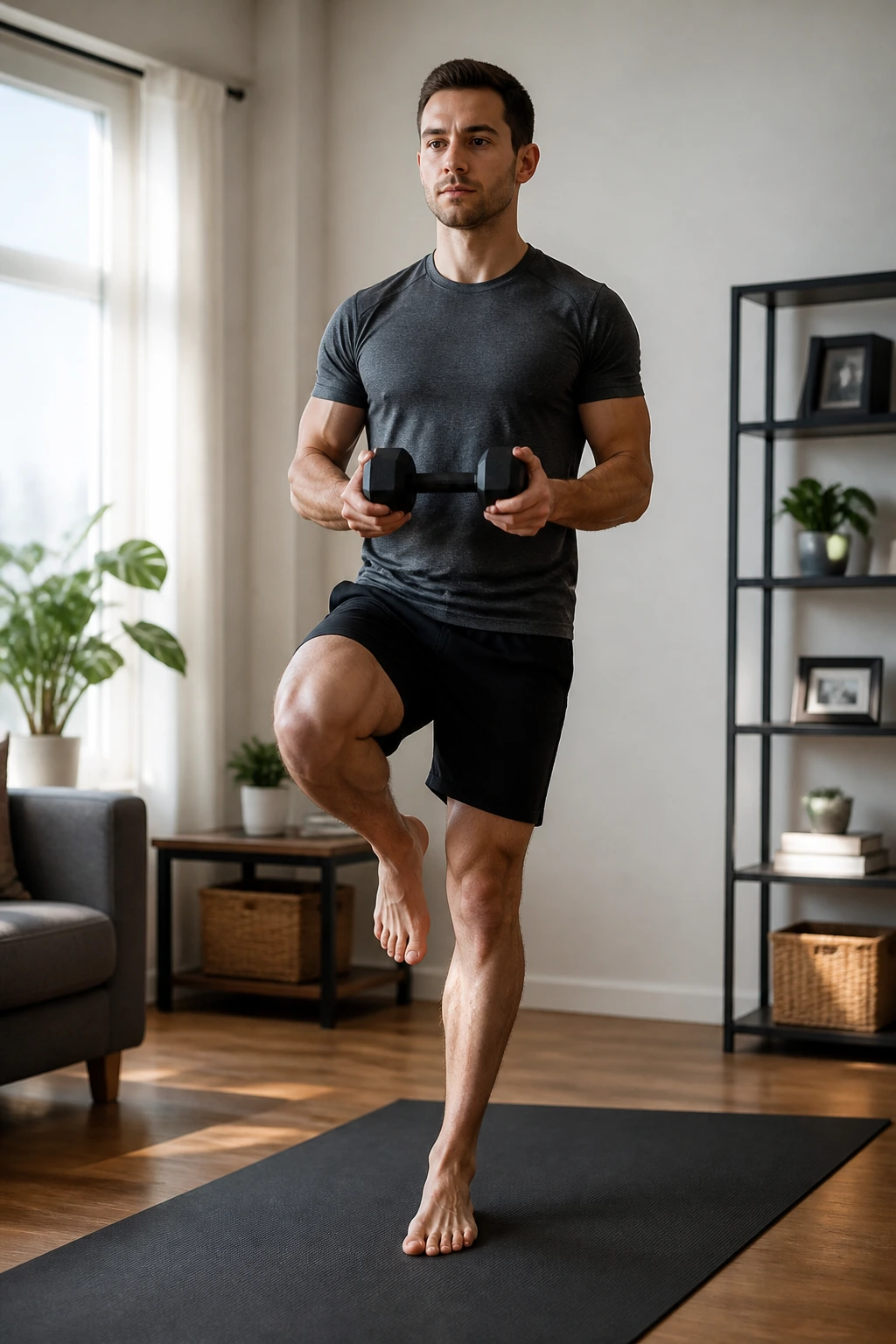 Close-up of a person balancing on one leg during a stability drill at home