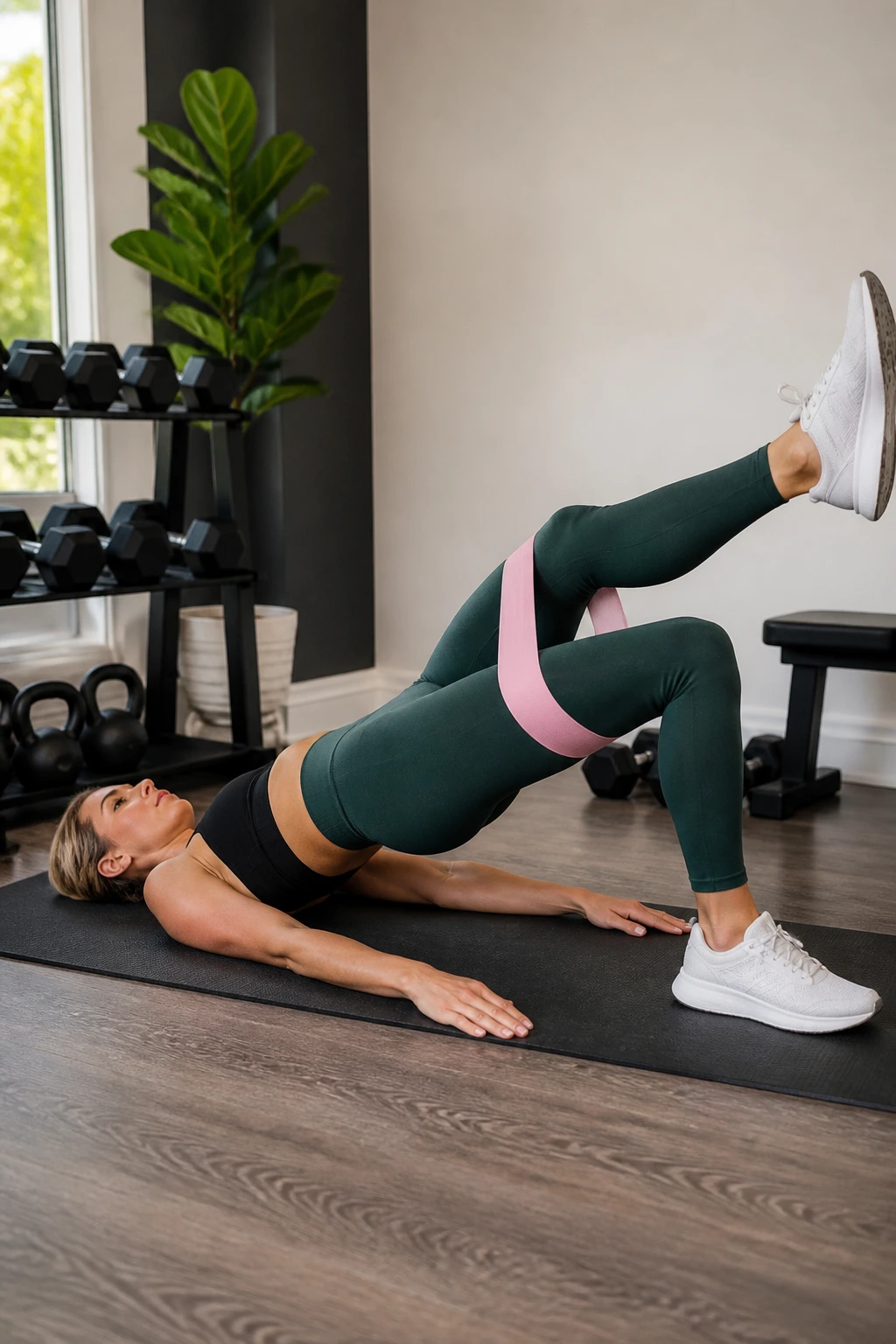 Close-up of single-leg bridge with resistance band around knees.
