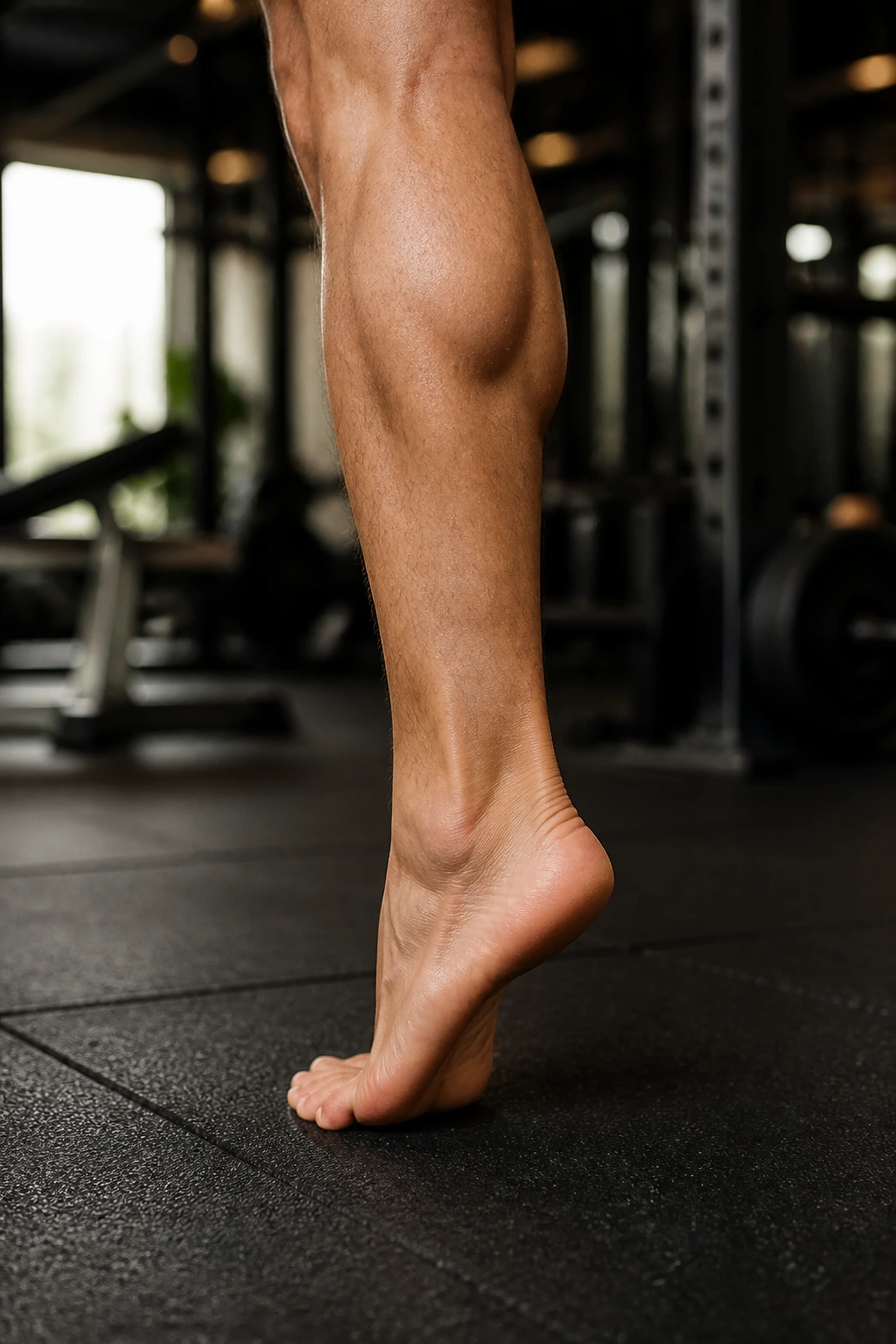Close-up of a person performing a single-leg calf raise hold