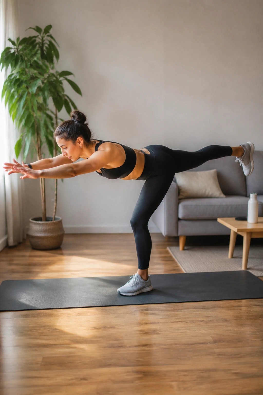 Real person performing single-leg Romanian deadlift in living room