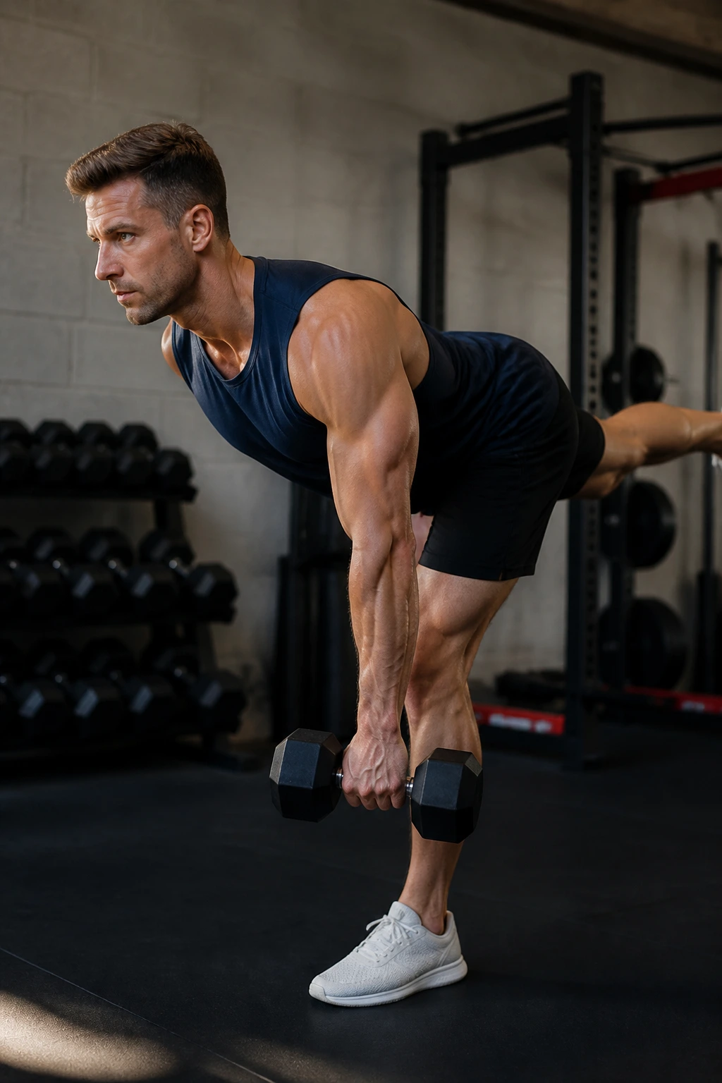 Individual performing a single-leg Romanian deadlift with a dumbbell in one hand in a gym