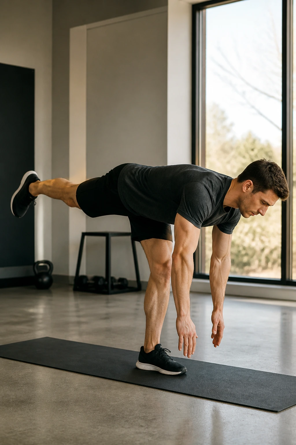 Side view of a person performing a single-leg Romanian deadlift with hips hinged and extended back leg.