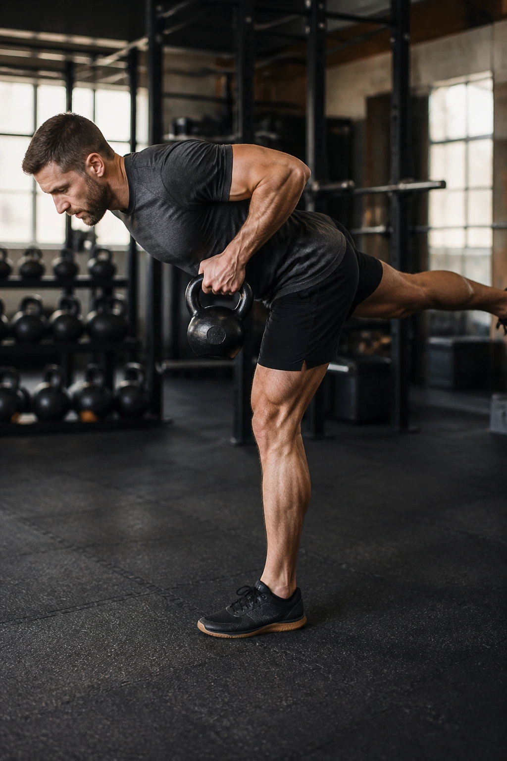 Close-up of athlete performing single-leg deadlift with row in a gym setting