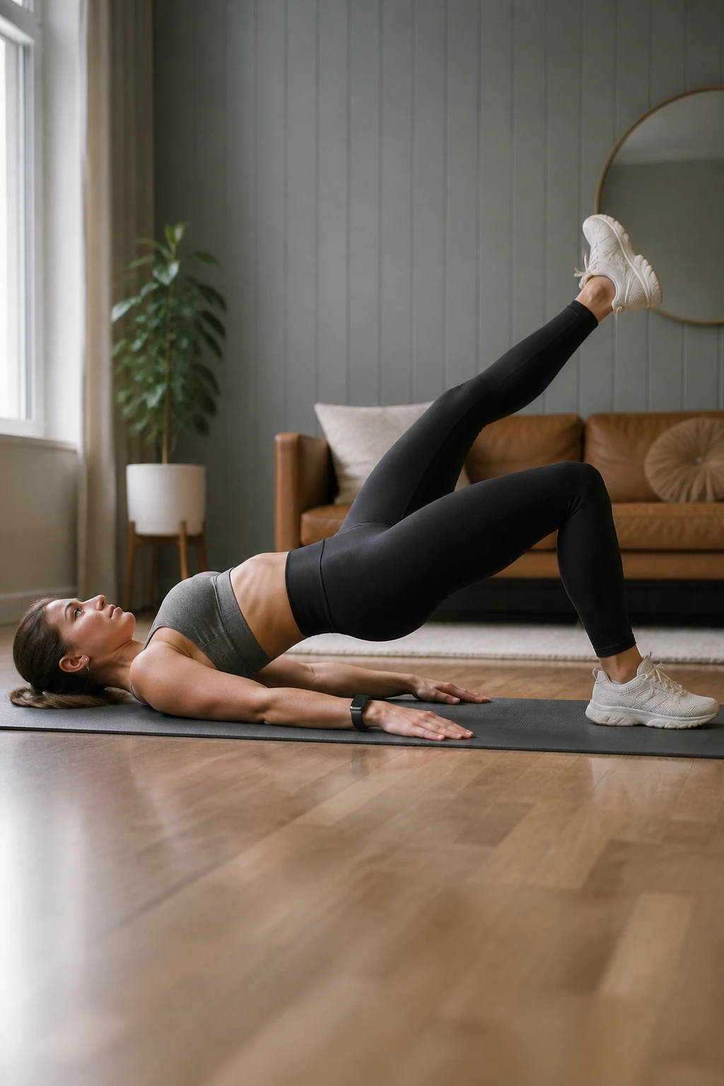 One-legged bridge exercising glutes with elevated hips on a mat