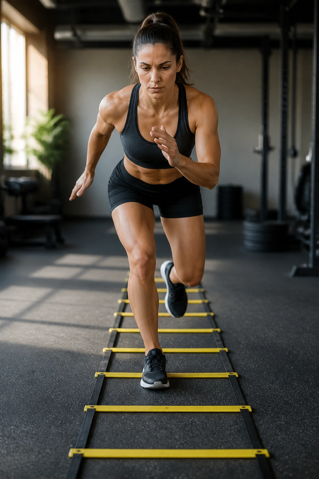 Person performing a single-leg balance drill on a training ladder