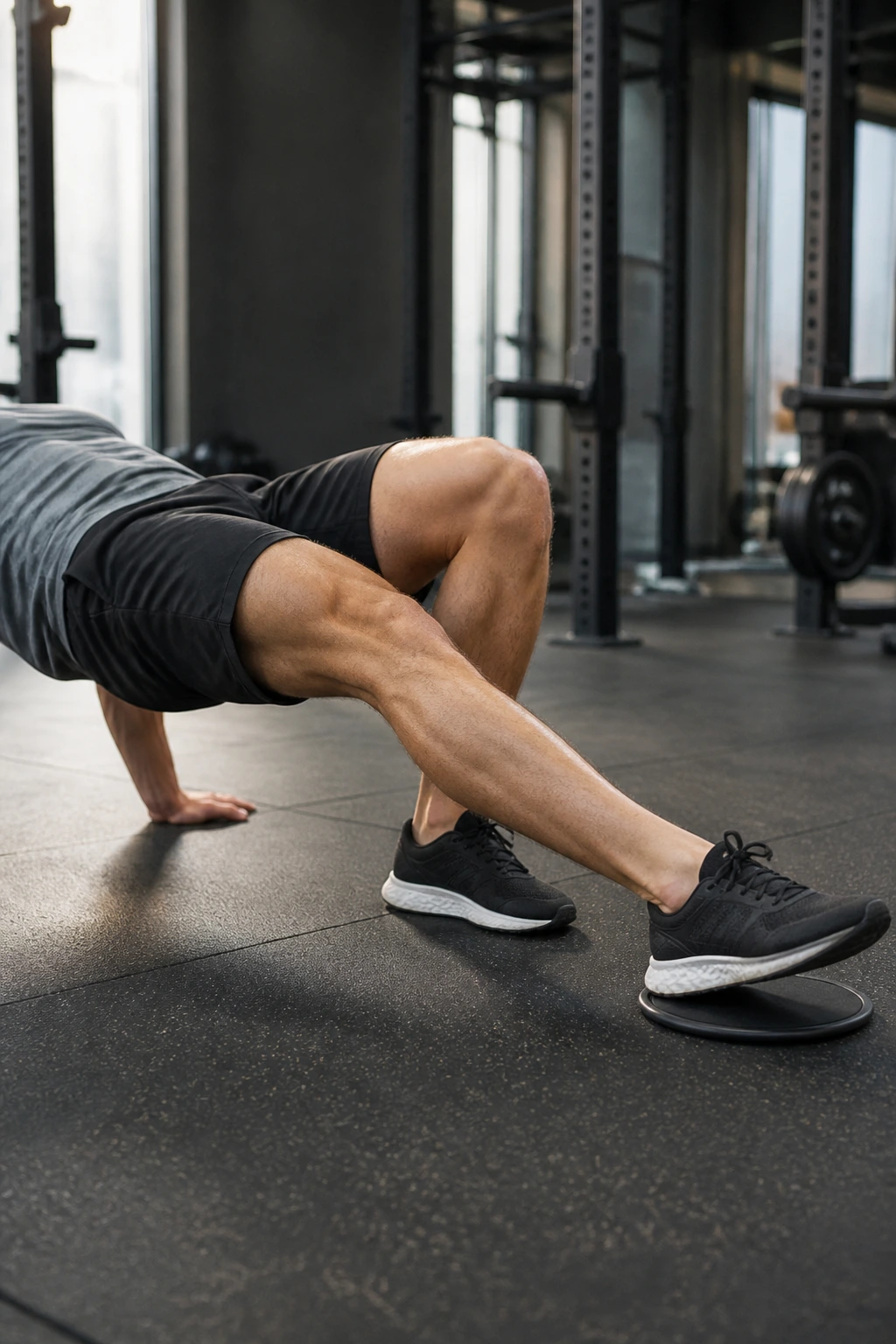 Single-leg slider curl with one leg on a slider and hips elevated