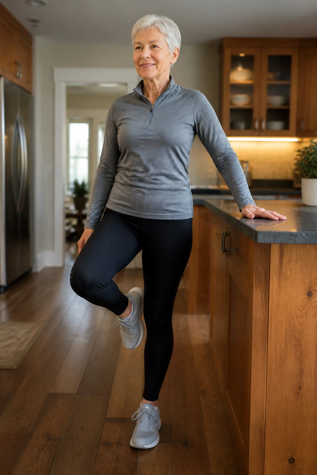 Medium shot of a person balancing on one leg with light hand touch on a counter in a home kitchen