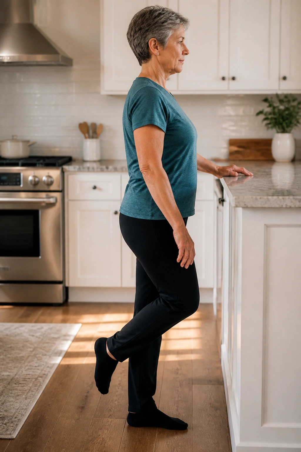 Person balancing on one leg with counter support in a kitchen.