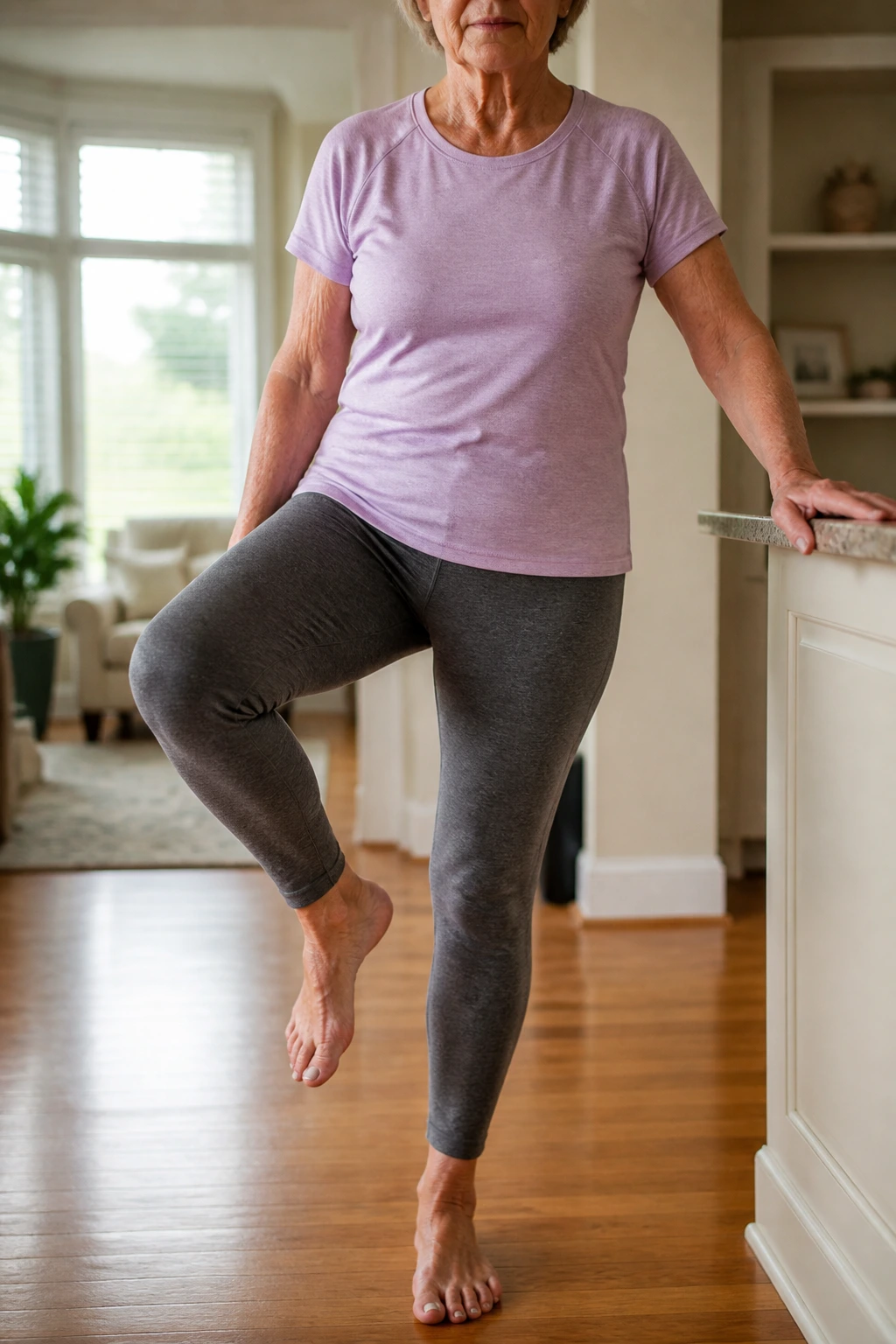 Senior performing single-leg stand with countertop support