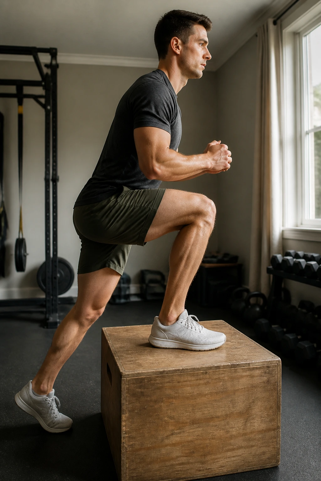 Medium close-up of a person performing a single-leg step-up on a box, balance focused.