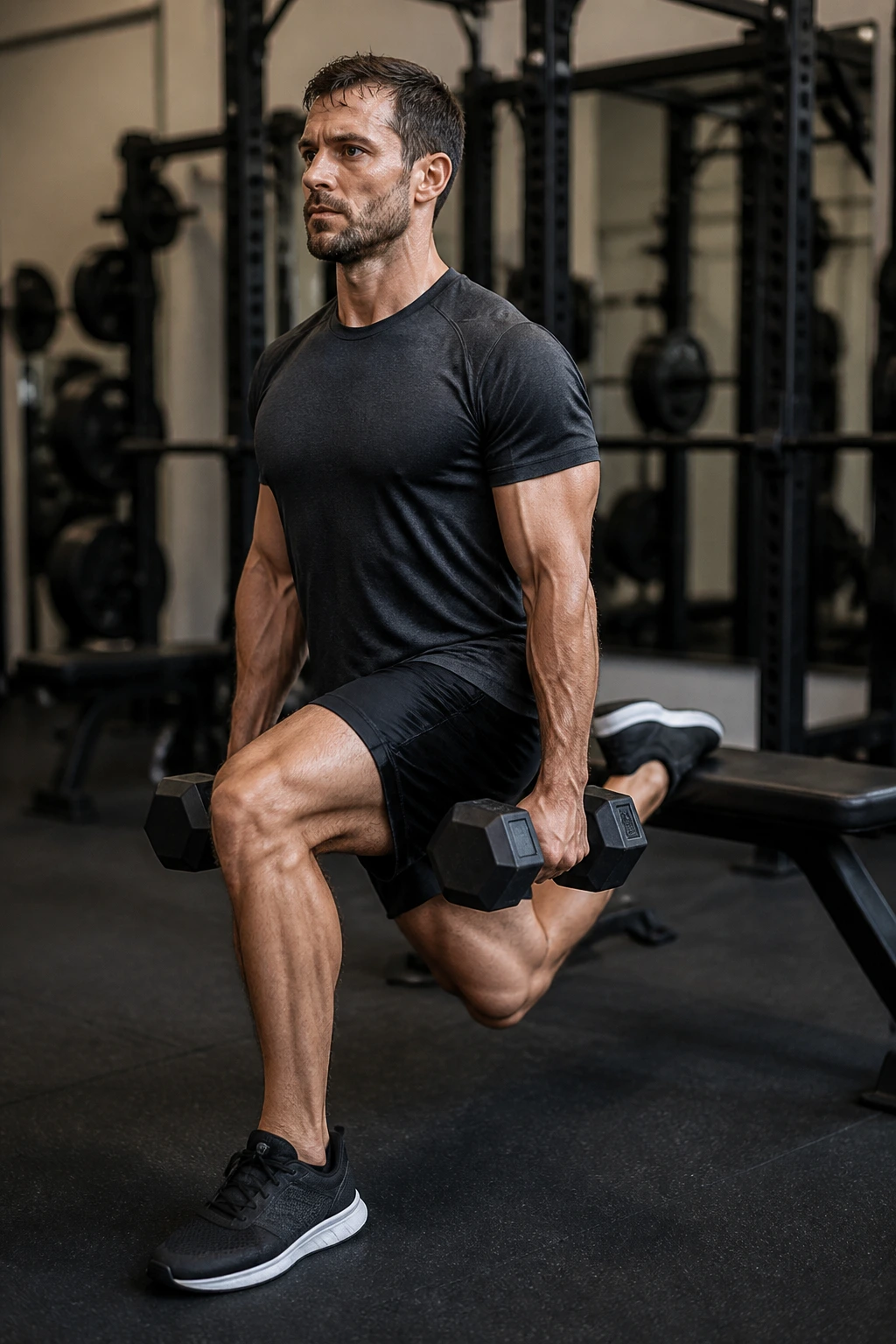 Close-up of a person performing Bulgarian split squat in a gym setting