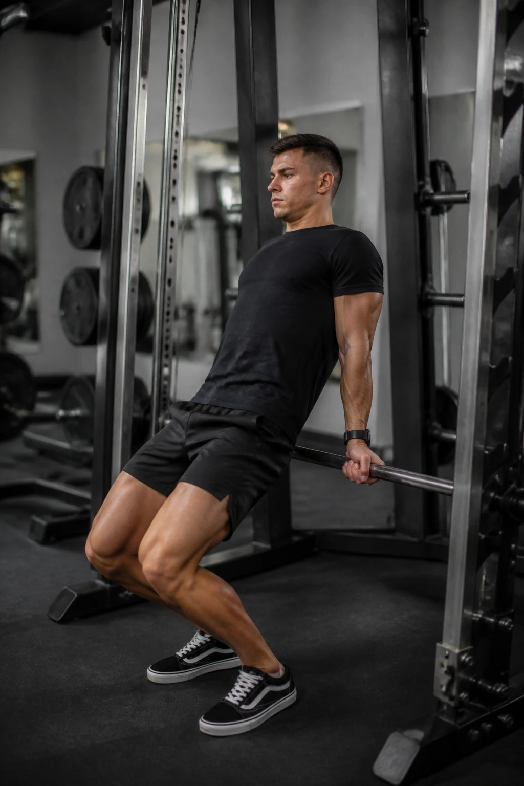 Real person performing a sissy squat with a low Smith machine bar in a gym setting