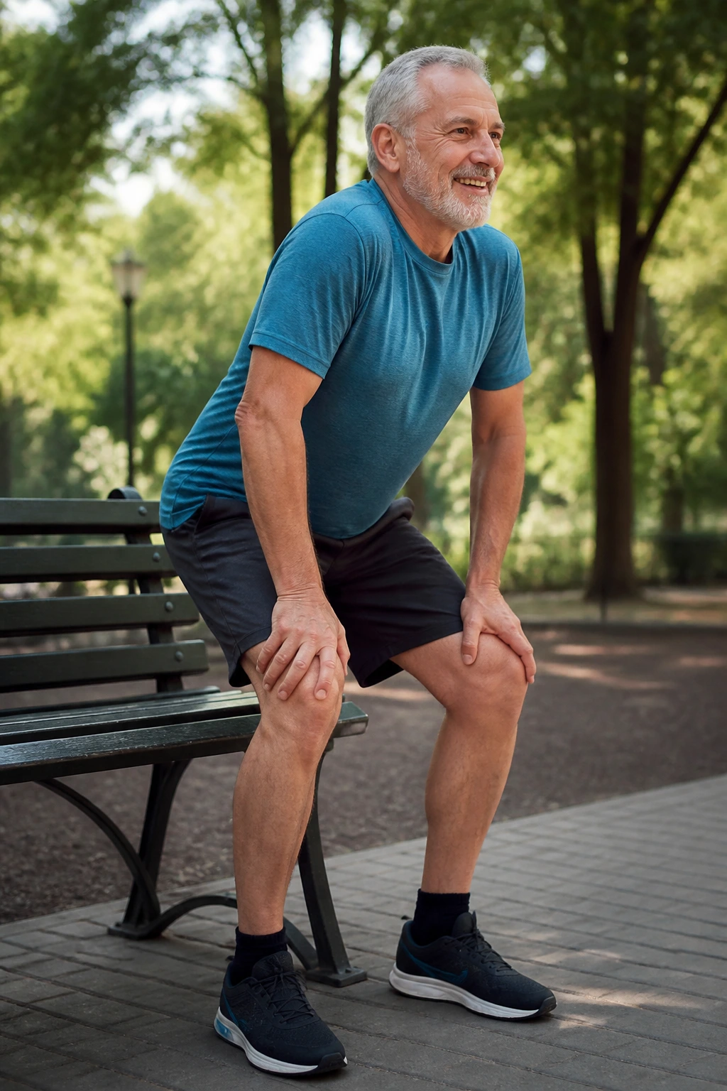 Senior performing bench sit-to-stand exercise in a park