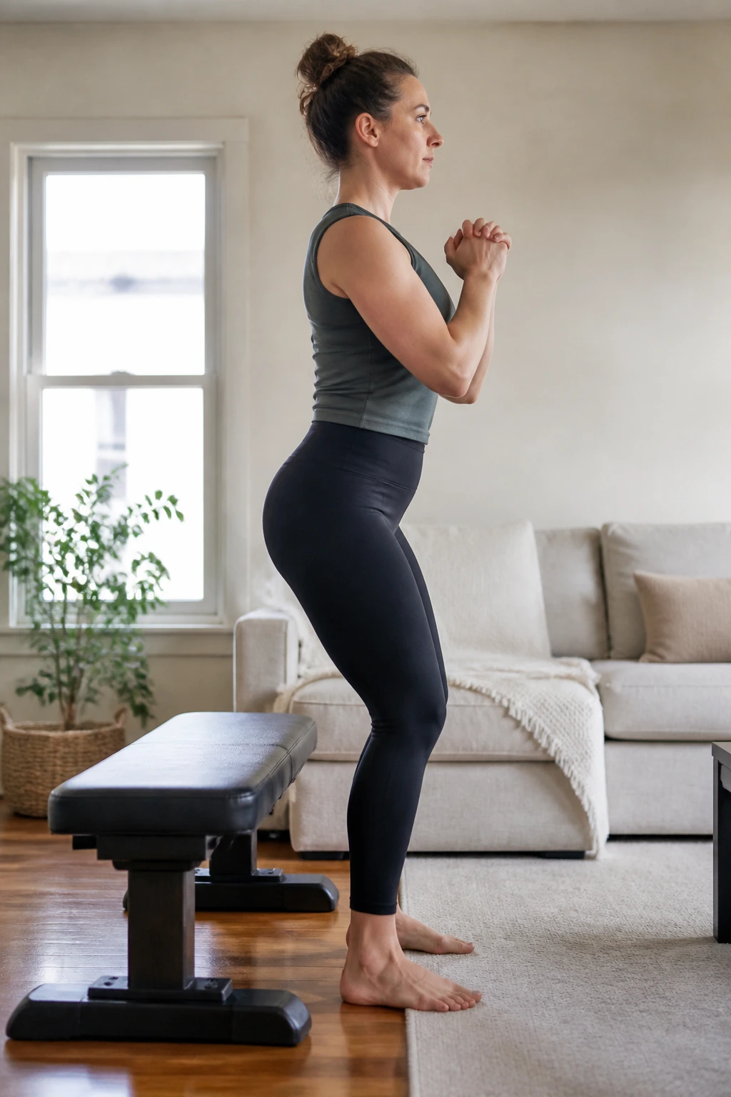 Person performing sit-to-stand from bench in home