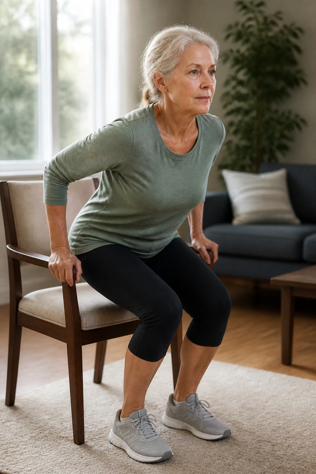 Senior performing sit-to-stand from a chair in a home setting