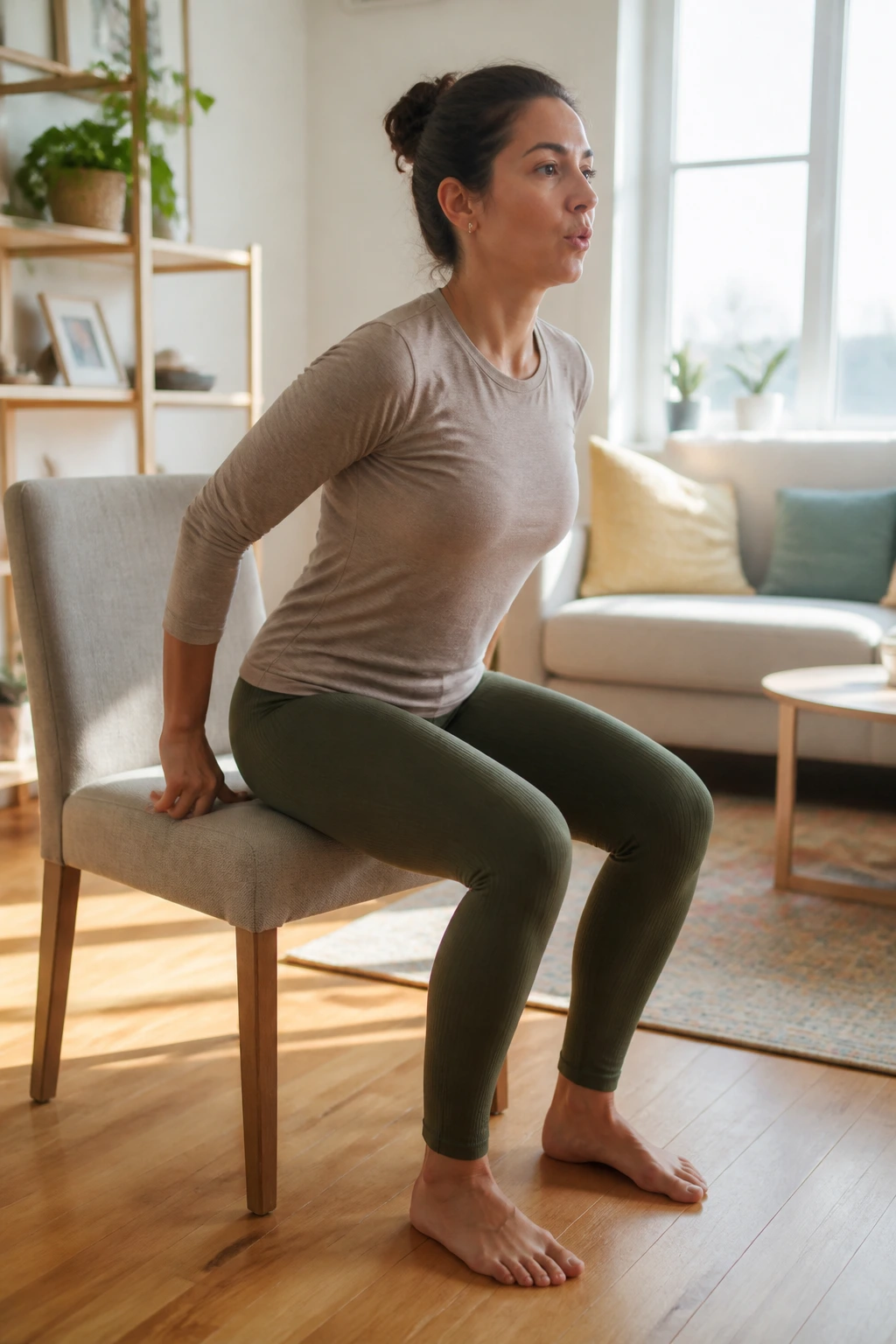 Person sits on a chair ready to stand with pelvic floor lift in a home setting