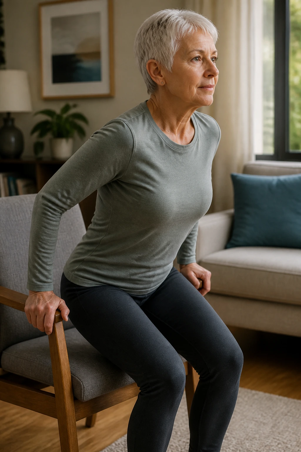 Senior adult performing sit-to-stand from chair in living room