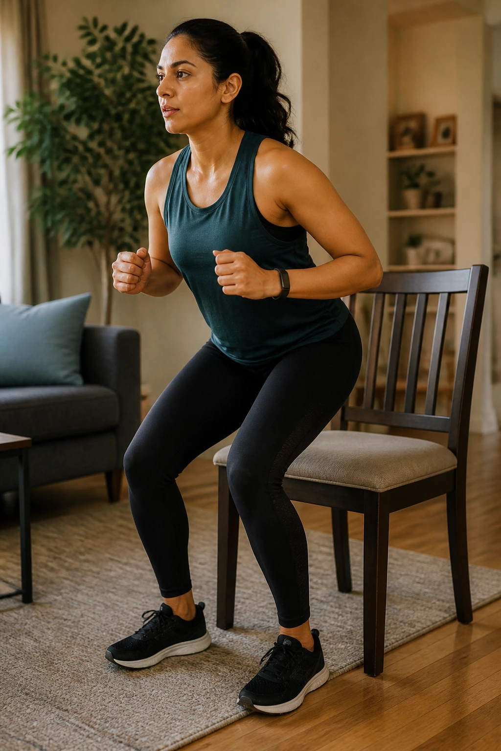 Person rapidly standing and sitting from a chair in a living room