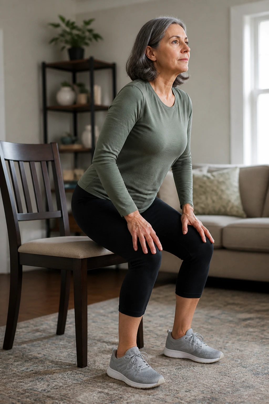 Medium close-up of a person performing sit-to-stand from chair