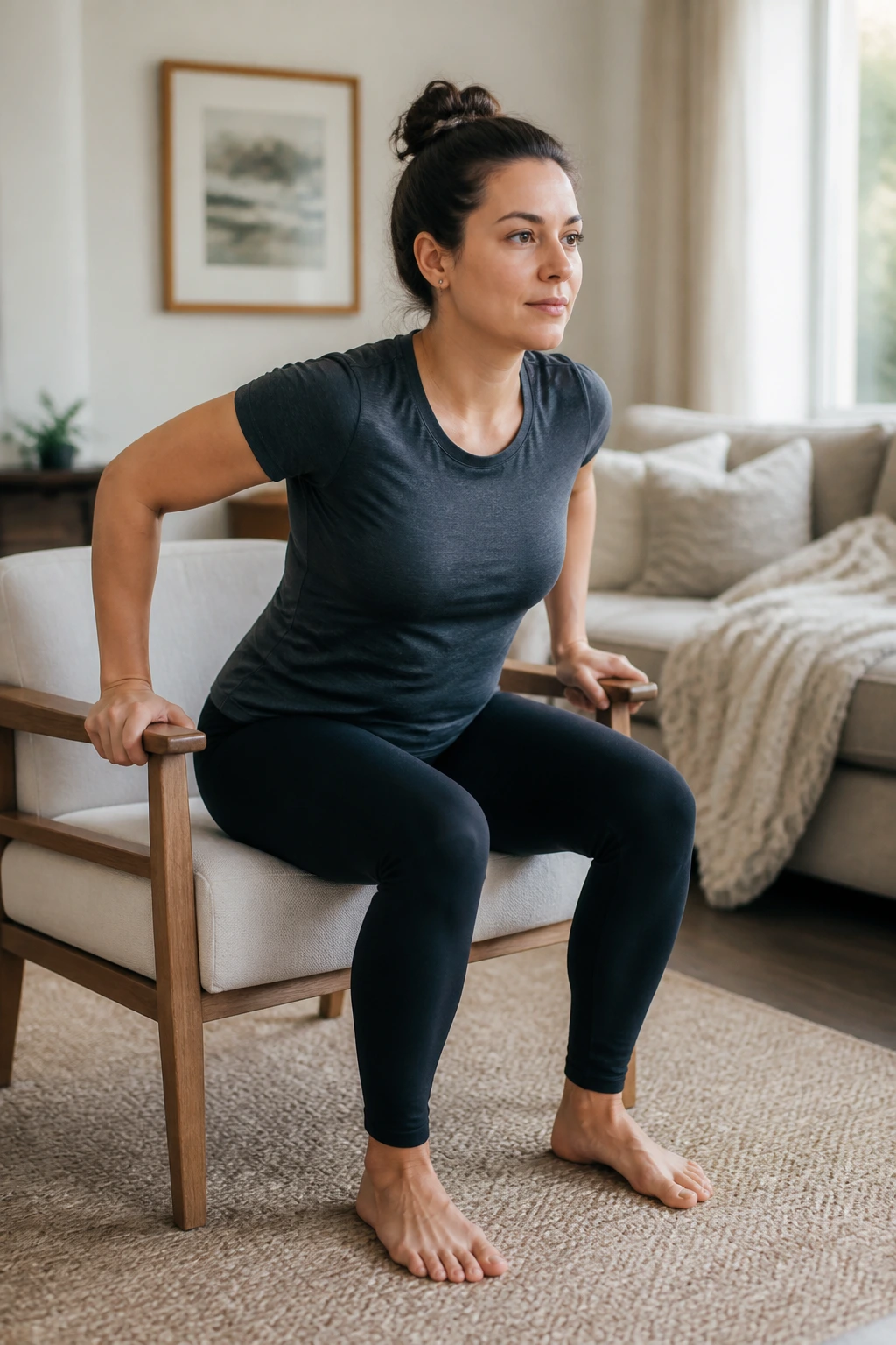 Real mom performing sit-to-stand squats from chair in living room.