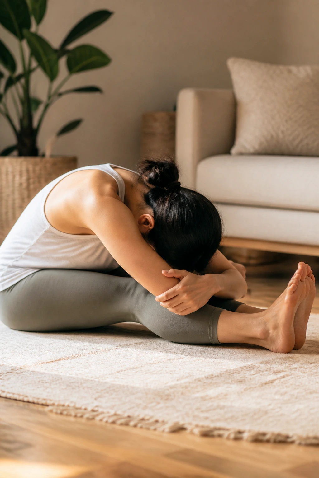 Sitting forward fold with arms crossed and torso folded over legs