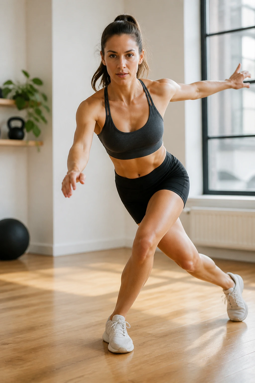 Side view of a woman in motion performing skater step into curtsy lunge in a bright home gym