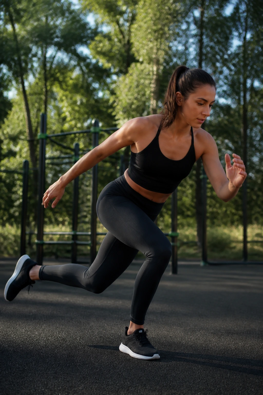 Side-view shot of a person performing a skater hop in a training setting