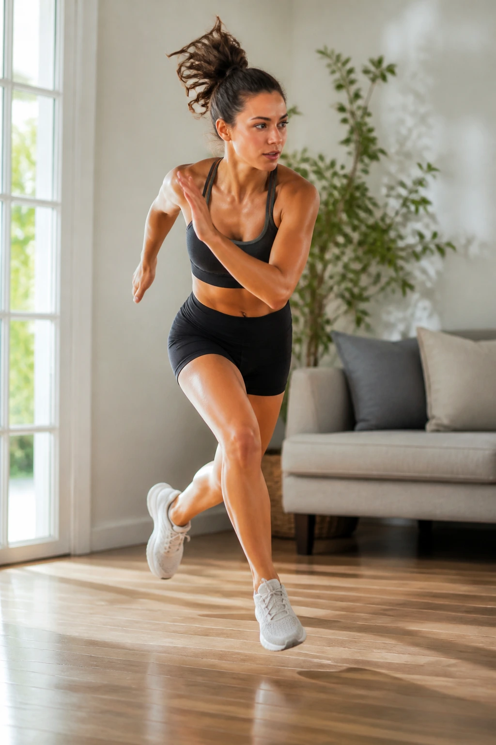 Real person mid-air performing skater hop with lateral movement