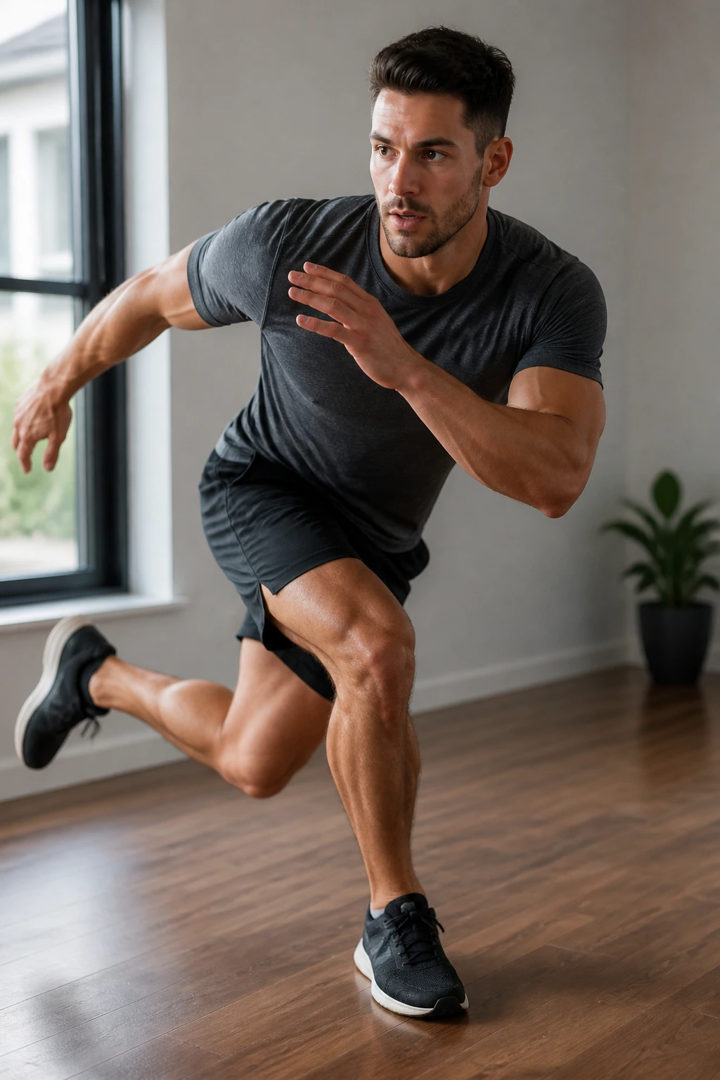 Close-up of a person performing a lateral skater hop on a wooden floor in a home gym