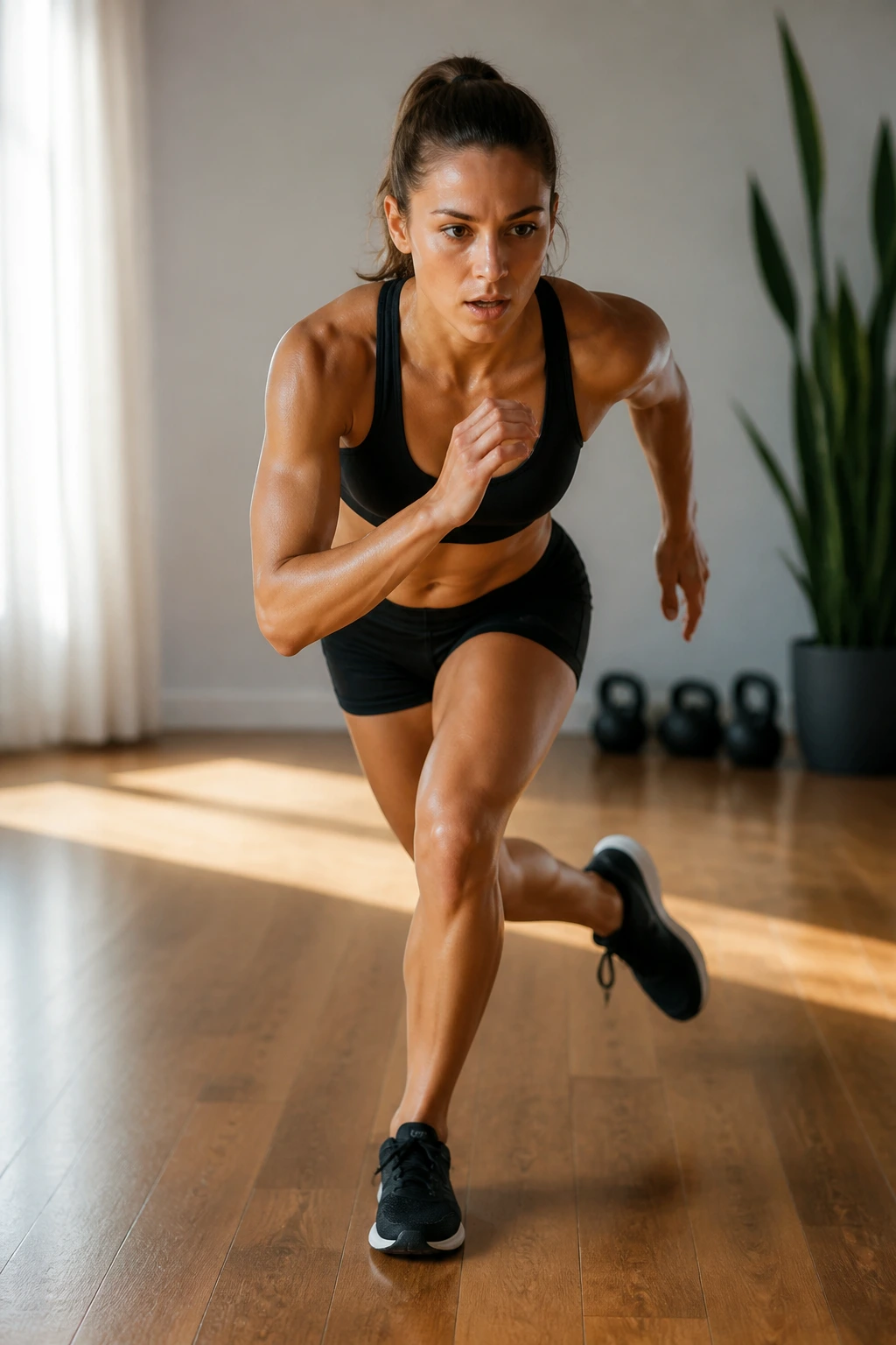 Mid-action portrait of a person performing skater hops in a home gym.