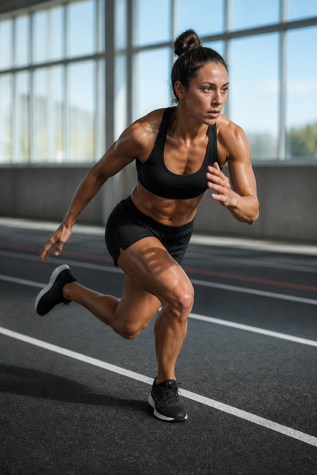 Person performing skater hops in a dynamic lateral movement on a track or floor.