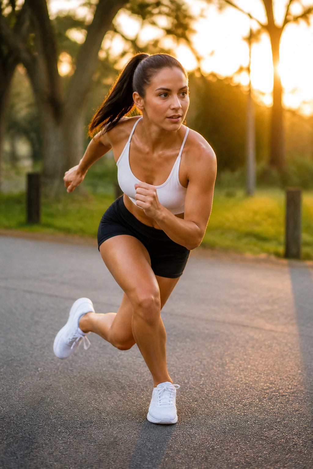 Three-quarter view of person performing skater hops for lateral thighs outdoors