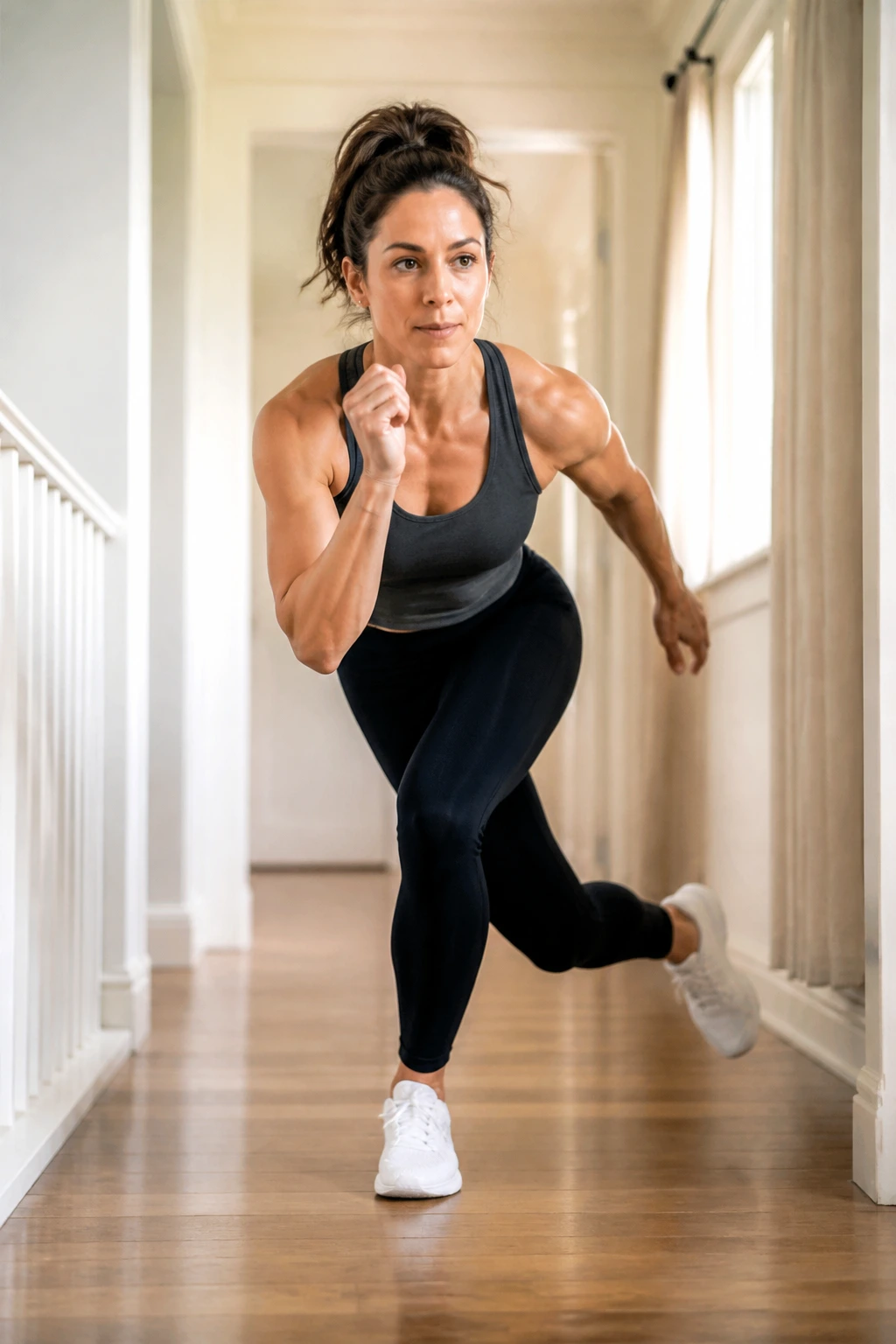 Side view of a real person performing skater steps in a bright hallway at home