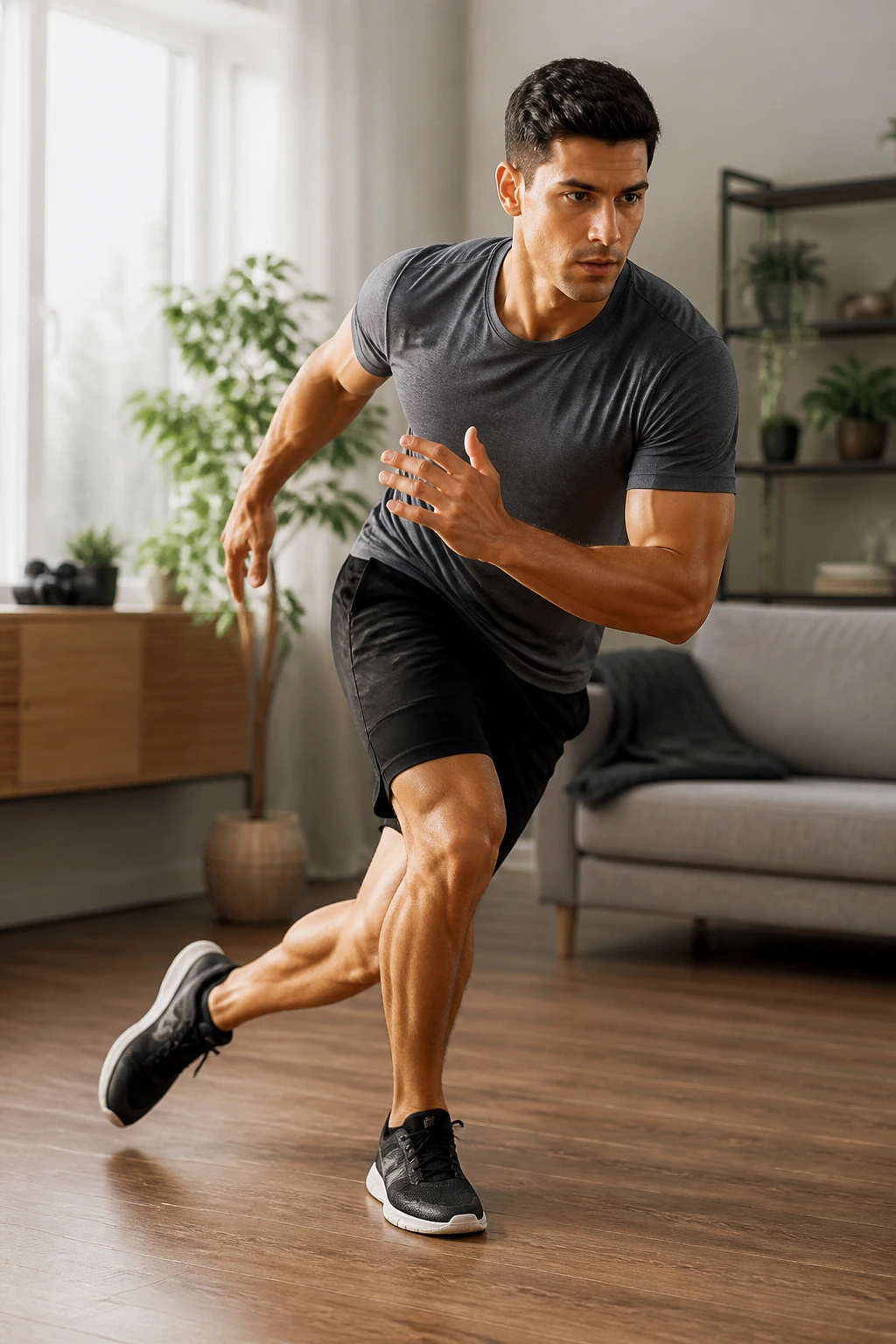 Medium close-up of a person performing skater steps in a home gym