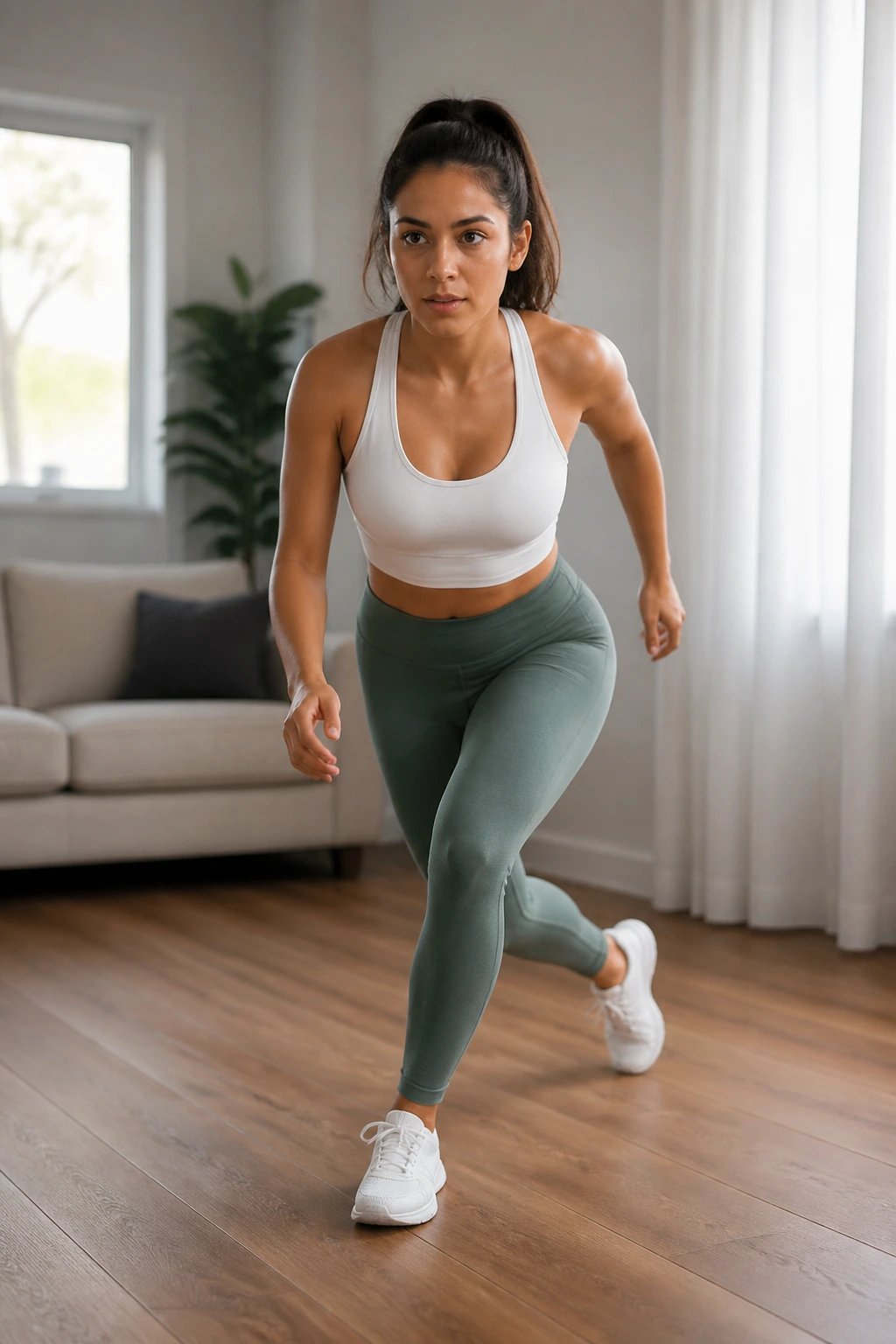 Medium close-up of a real woman performing skater steps without the jump in a home living room