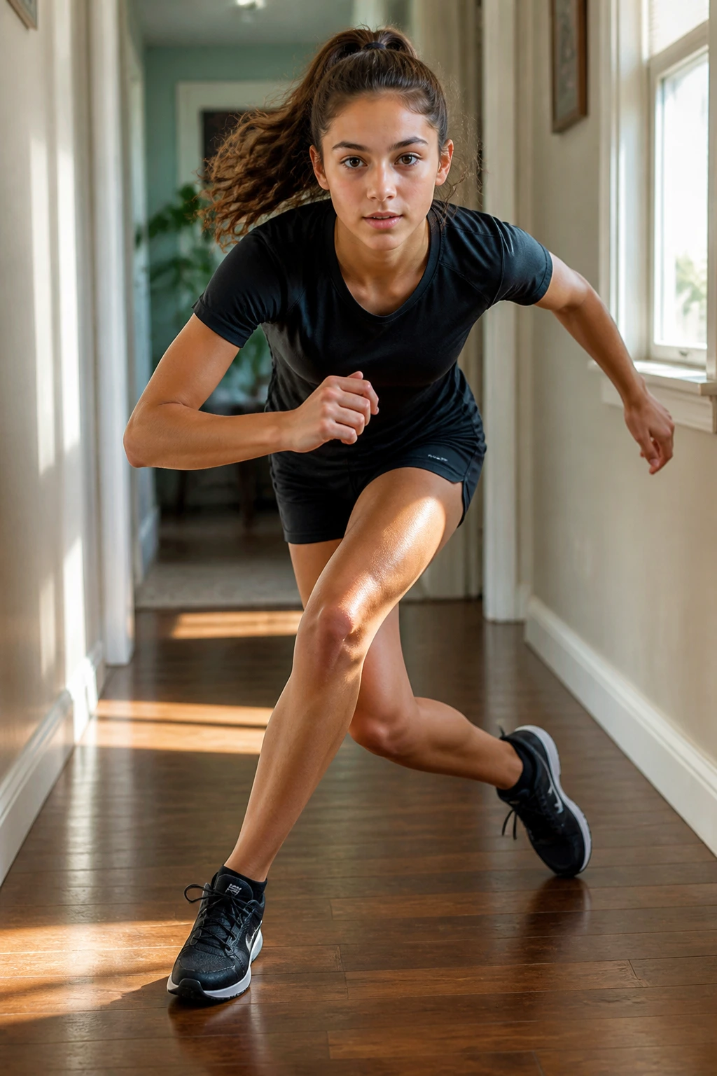 Teen girl doing skater steps in a sunlit home hallway